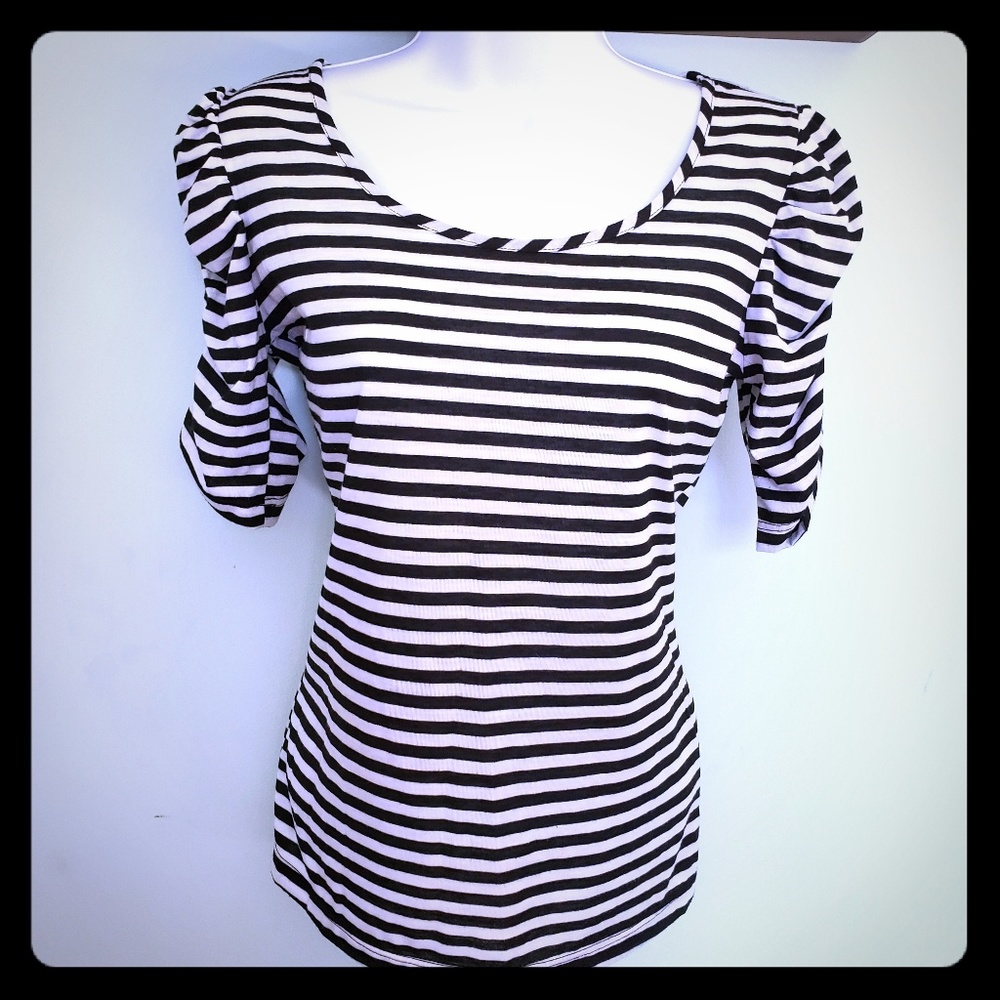 JW Style Ruched Sleeve Striped Top